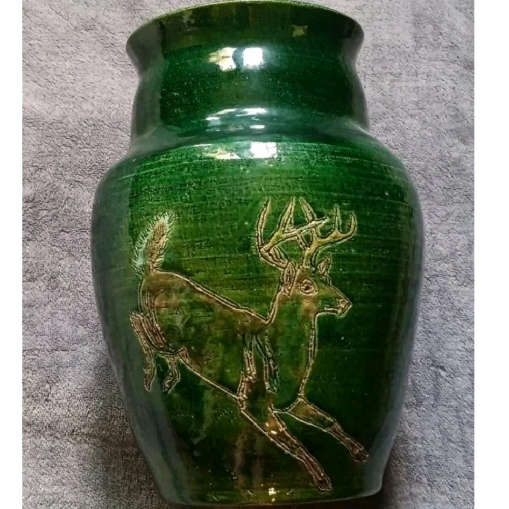 Handcrafted Green Stoneware Vase with Deer Design, Rustic Cottage Cabin Pottery